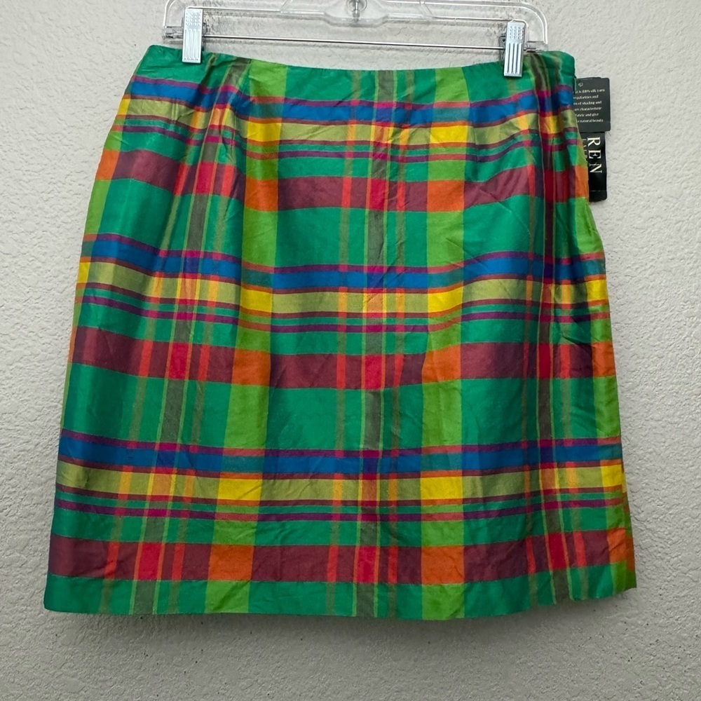 Ralph Lauren Barbados 100% Silk Green Plaid Mini Skirt Size 12 Petite NWT